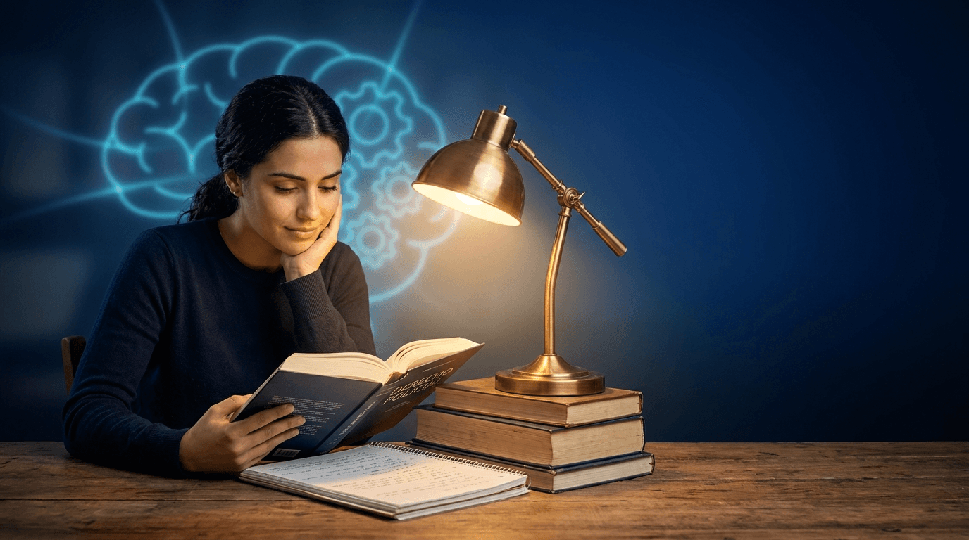 Opositora a Policía Nacional estudiando en su escritorio con luz cálida de lámpara y libros, sobre fondo azul de marca BluCop, ilustración editorial sobre salud mental del opositor