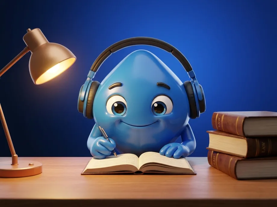 Blu, la mascota de BluCop, estudiando en un escritorio con un cuaderno abierto, una lámpara y una pila de libros.