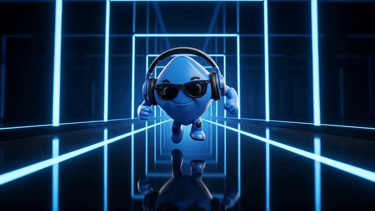 Fotograma del tráiler: la mascota de BluCop corre por un pasillo de neones azules