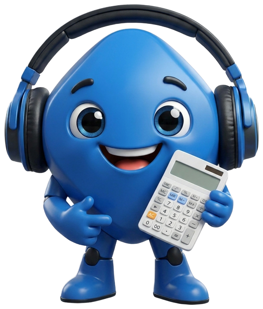 Blu, la mascota de BluCop, sujetando una calculadora